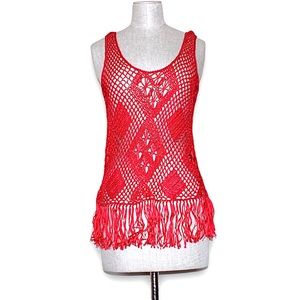 Cluny Neon Coral Floral Knit Fringe Tank Top 8
